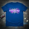 #FREEBRITNEY hashtag text with microphone and abstract graphic elements in pink and silver on a blue t-shirt