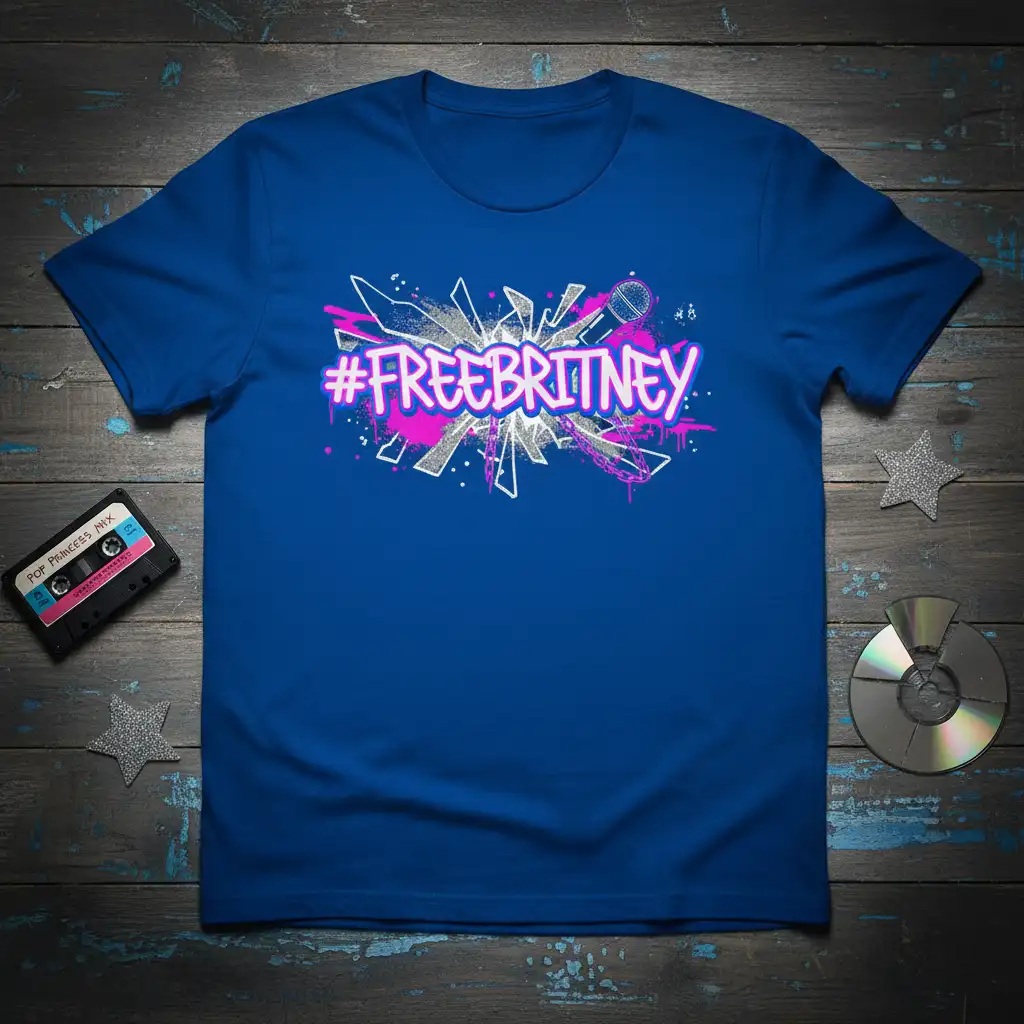 #FREEBRITNEY hashtag emblazoned on a vibrant blue t-shirt with a microphone and energetic graphic design