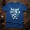 #FREEIRAN text with a white phoenix and Azadi Tower graphic on a blue t-shirt
