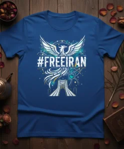 #FREEIRAN text with a white phoenix and Azadi Tower graphic on a blue t-shirt