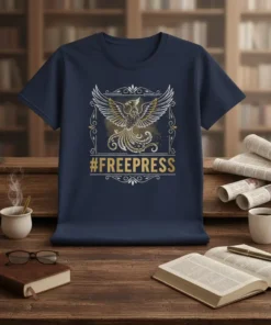 Dark navy t-shirt featuring the #FREEPRESS hashtag and a stylized phoenix graphic, symbolizing freedom and resilience