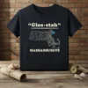 "Glos·stah" MASSACHUSETS text and map design on a black t-shirt, highlighting Boston area with a blue star
