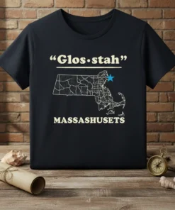 "Glos·stah" MASSACHUSETS text and map design on a black t-shirt, highlighting Boston area with a blue star