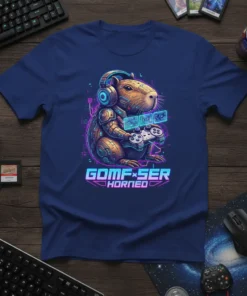 GOMF×SER HORNED t-shirt design with a capybara wearing headphones and holding a game controller