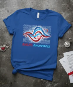 Blue t-shirt with #HLHS Awareness design featuring red and blue wavy ribbons and awareness ribbons