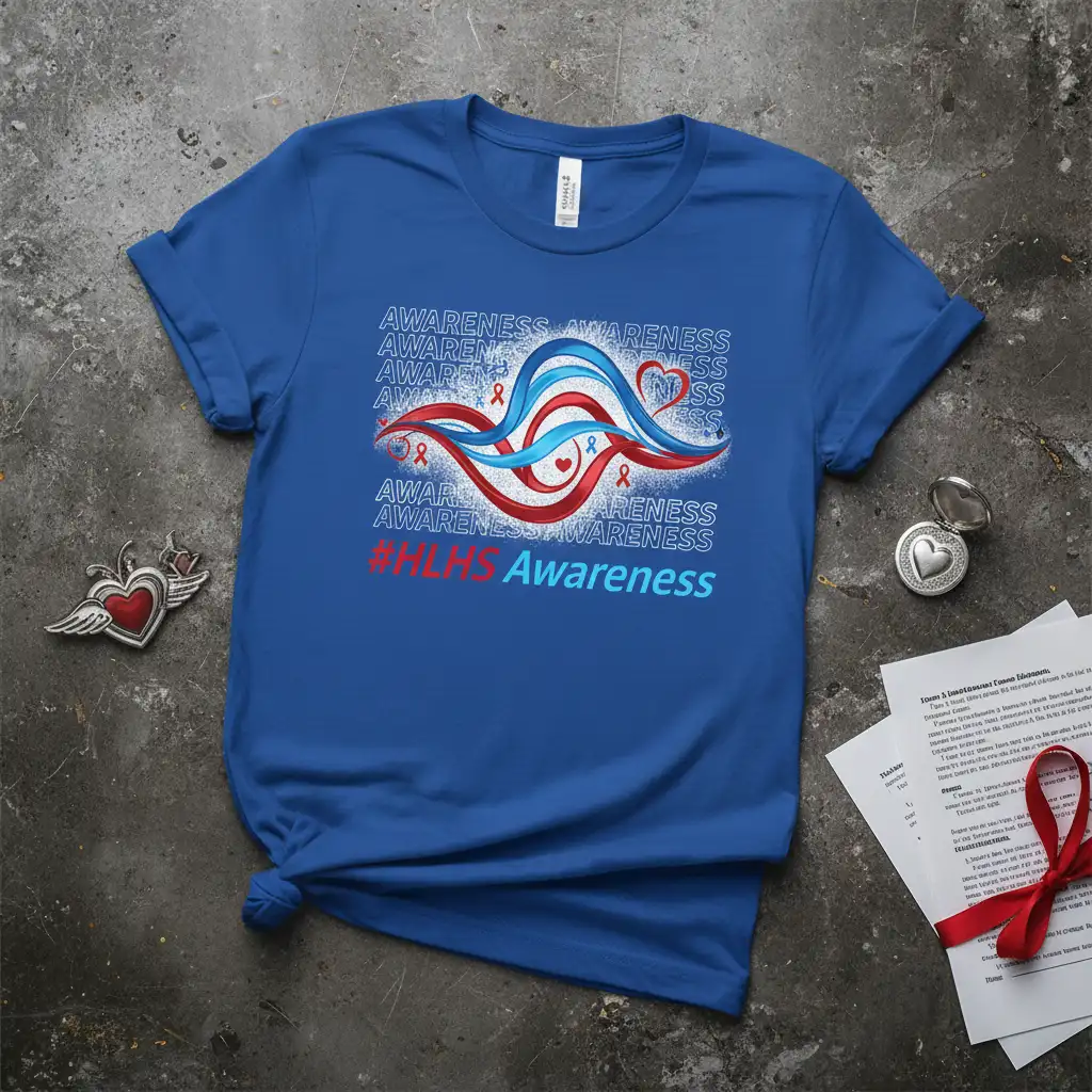 #HLHS Awareness t-shirt with red and blue wavy ribbons and repeated awareness text