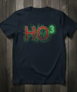 HO³ chemistry formula t-shirt design with red HO and glowing green 3 on a dark shirt