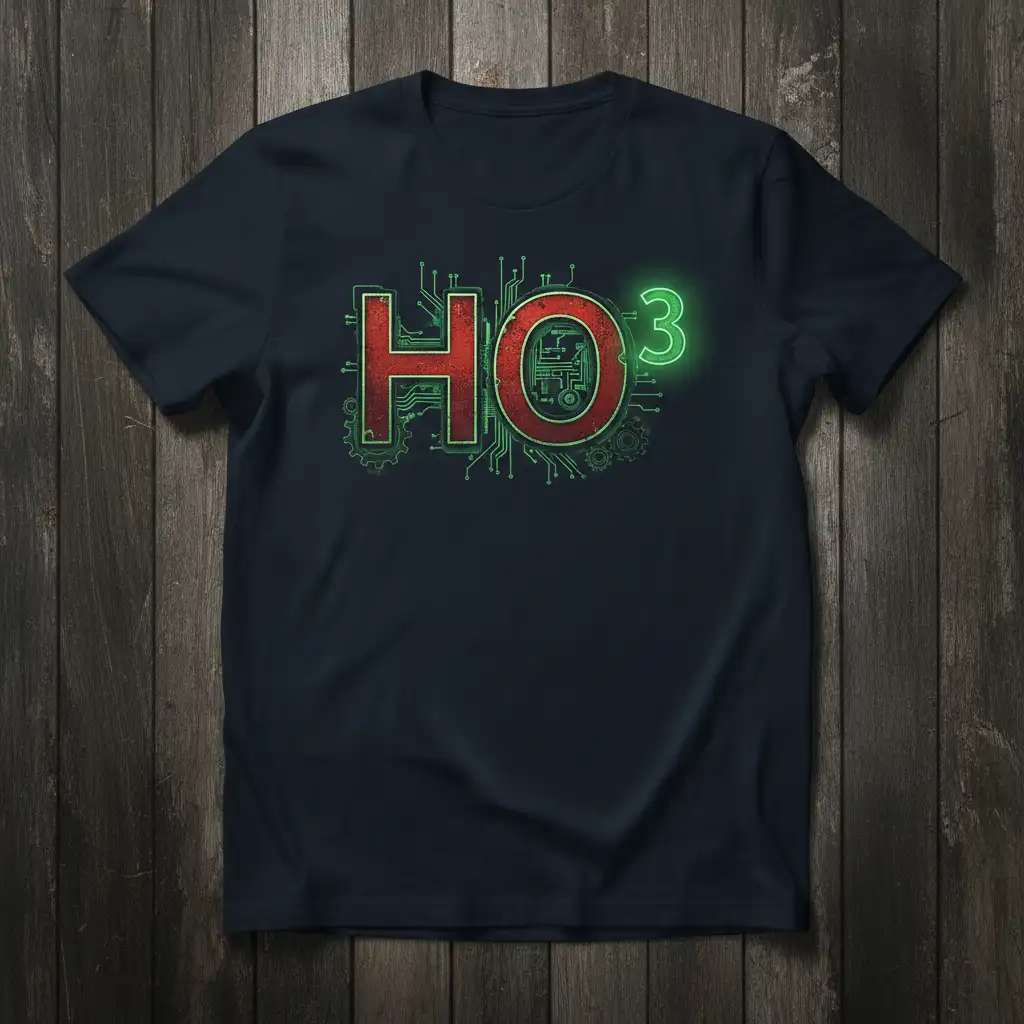 HO³ chemistry formula tee with red HO and green cubed 3, circuit board graphic detail