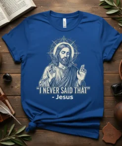 "I NEVER SAID THAT" - Jesus quote on a blue t-shirt with an illustration of Jesus in a halo