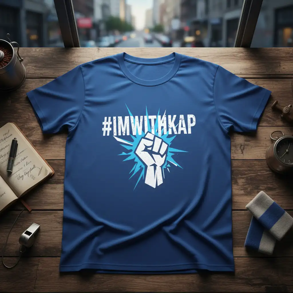 #IMWITHKAP hashtag and powerful fist graphic on a blue t-shirt for solidarity and support