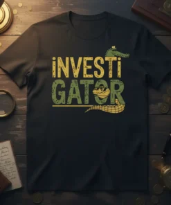 ¡INVESTIGATOR text with a sunglasses-wearing alligator graphic on a black t-shirt