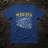 #KANETRAIN text above a detailed vintage steam locomotive graphic on a royal blue t-shirt