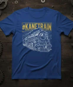 #KANETRAIN text above a detailed vintage steam locomotive graphic on a royal blue t-shirt