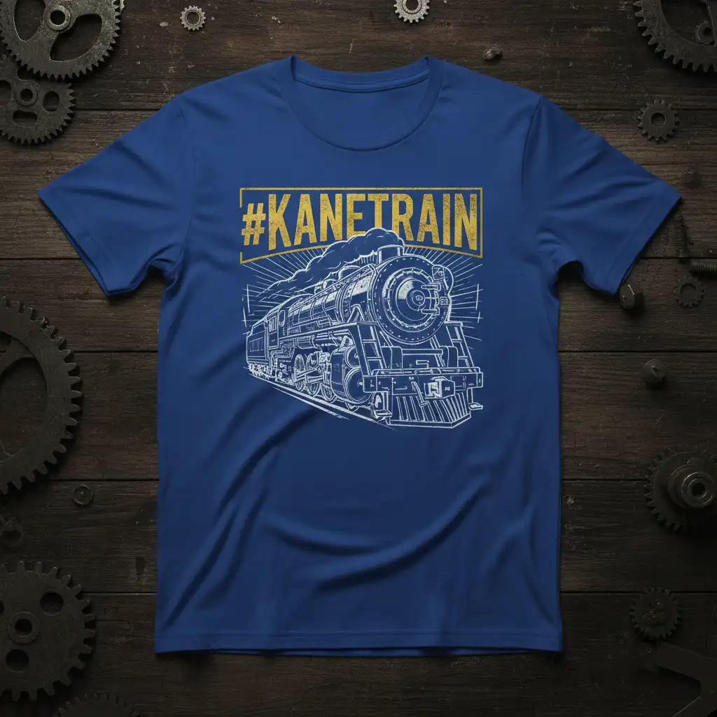 #KANETRAIN hashtag and vintage steam locomotive graphic on a blue t-shirt