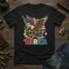 'MERICA Eagle American Flag T-Shirt design featuring a patriotic eagle holding the USA flag and the word 'MERICA in bold