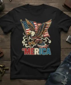 'MERICA Eagle American Flag T-Shirt design featuring a patriotic eagle holding the USA flag and the word 'MERICA in bold