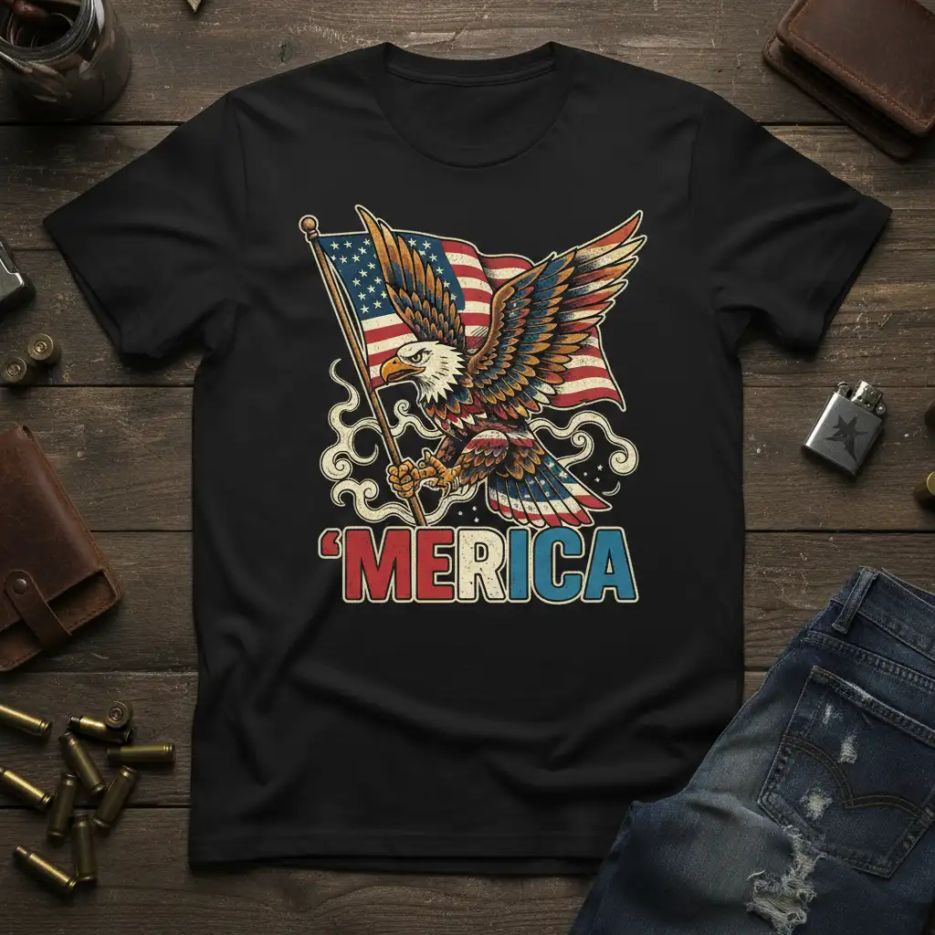 'MERICA Eagle American Flag T-Shirt detailed print printed on durable material creating a standout t-shirt