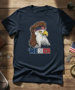 'MERICA T-Shirt with a bald eagle wearing an American flag bandana and a mullet, bold text below