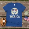 'MERICA t-shirt design with patriotic eagle wearing USA flag sunglasses, vintage distressed style