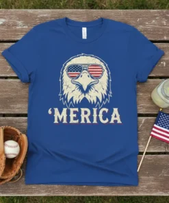 'MERICA t-shirt design with patriotic eagle wearing USA flag sunglasses, vintage distressed style