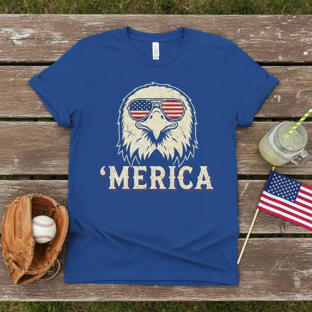 'MERICA patriotic t-shirt featuring a distressed eagle graphic with American flag sunglasses