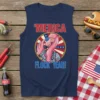 Flamingo wearing sunglasses and patriotic shirt with text 'MERICA FLOCK YEAH! on a navy blue tank top