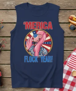 Flamingo wearing sunglasses and patriotic shirt with text 'MERICA FLOCK YEAH! on a navy blue tank top