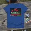 #MOECHELLA Black, Red. Green text with red stars graphic on a blue t-shirt, festival apparel