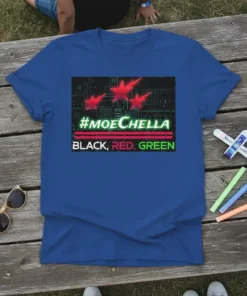 #MOECHELLA Black, Red. Green text with red stars graphic on a blue t-shirt, festival apparel