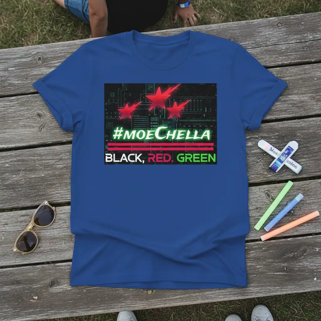 #MOECHELLA BLACK, RED. GREEN detailed print printed on quality cotton blend creating a standout t-shirt