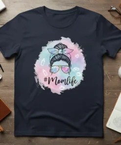 Graphic tee with "#Momlife" text, featuring a messy bun hairstyle, sunglasses, and baby-related icons on a watercolor background