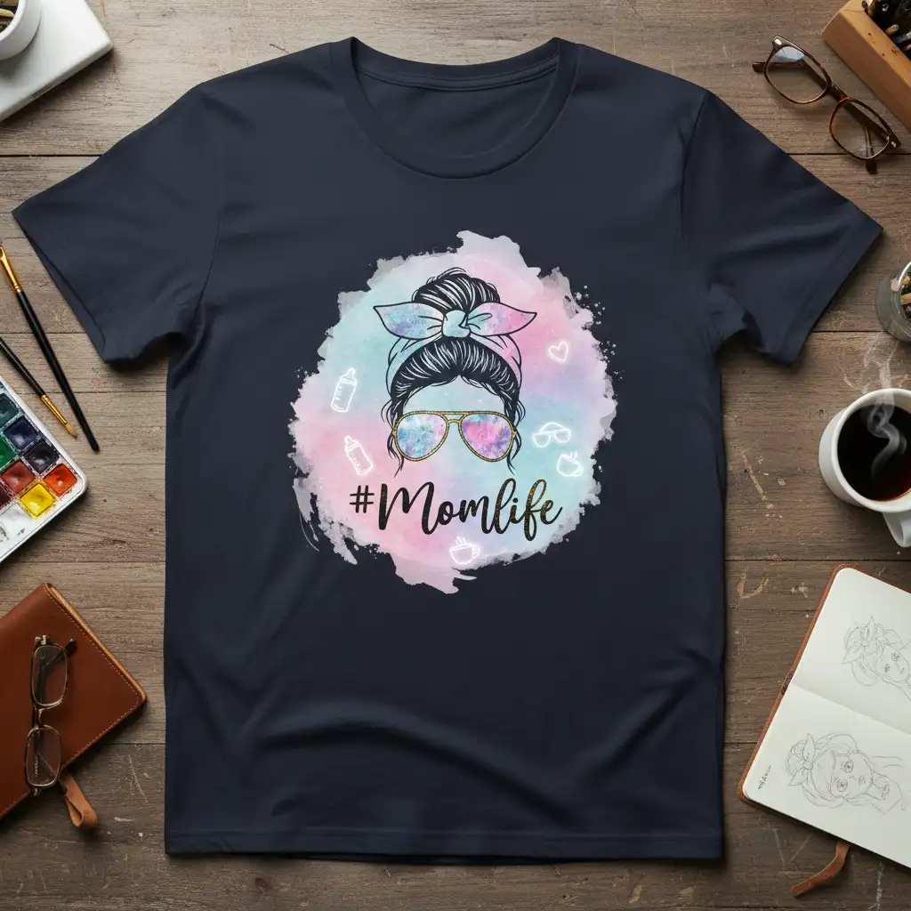 #Momlife graphic tee design featuring a messy bun, sunglasses, and watercolor background with baby icons