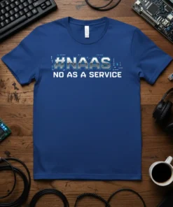 #NAAS No As A Service t-shirt in blue with bold text and tech-inspired graphics