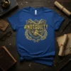 #NOTGUILTY hashtag with gavel and scales of justice on a royal blue t-shirt design