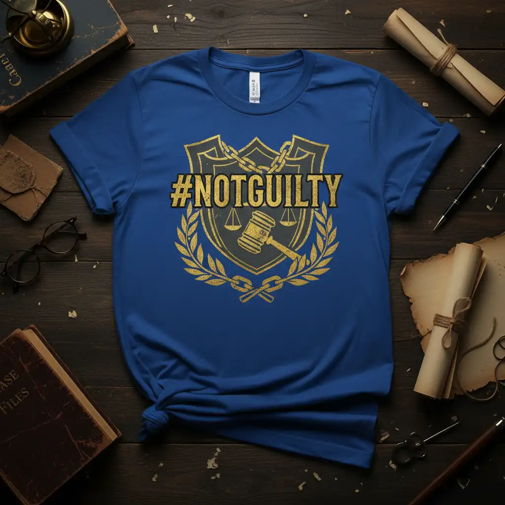 #NOTGUILTY hashtag with gavel and scales of justice design on blue t-shirt