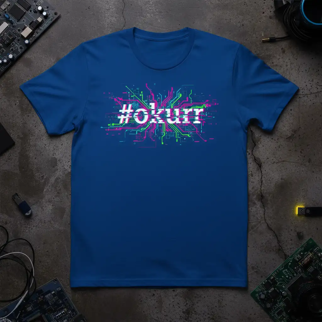 #okurr hashtag in glitchy white text on a vibrant pink and green circuit board graphic design