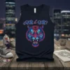 Tank top with "¿QUE la QUE?" text above a roaring tiger graphic in neon blue and pink
