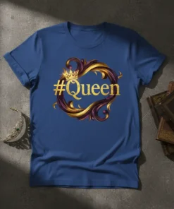 #Queen graphic t-shirt with a golden crown and ornate purple and gold swirling frame