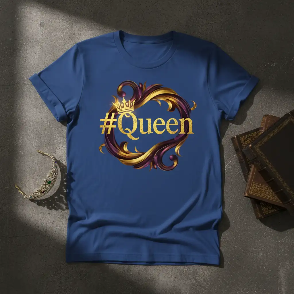 #Queen hashtag and crown design in gold with ornate purple and gold swirls on a t-shirt