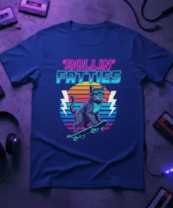 Retro cat wearing sunglasses and goggles on a skateboard with neon text 'Rollin' Fattties' and lightning bolts
