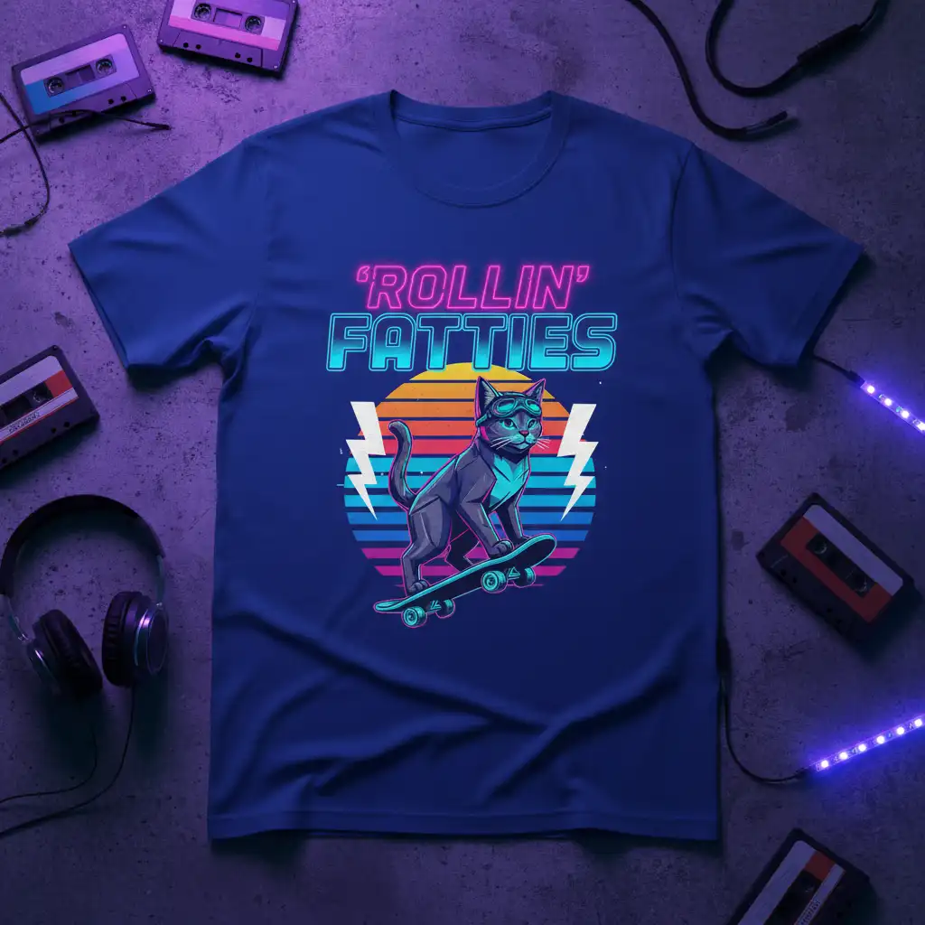 'Rollin' Fattties' text with a cool cat skateboarding graphic, featuring neon colors and retro lightning bolts