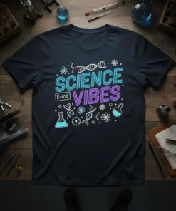 Navy blue t-shirt with "SCIENCE VIBES" in neon blue and purple, E=mc² graphic, and science icons like DNA and beakers