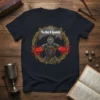 Knight in armor with bloody arms, saying 'Tis But A Scratch! text, on a navy t-shirt