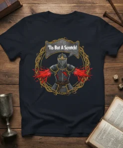 Knight in armor with bloody arms, saying 'Tis But A Scratch! text, on a navy t-shirt