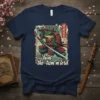 Frog samurai warrior with sword, 'twas the tism m'lord text, Japanese cherry blossoms and clouds design