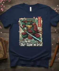 Frog samurai warrior with sword, 'twas the tism m'lord text, Japanese cherry blossoms and clouds design