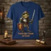 Frog knight in full armor holding sword and shield with text "'twas the 'tism m'lord" on navy t-shirt