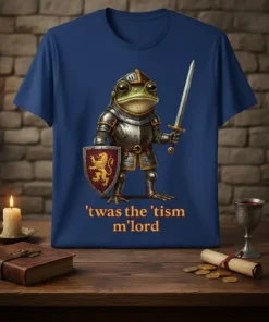 Frog knight in full armor holding sword and shield with text "'twas the 'tism m'lord" on navy t-shirt