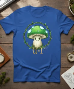 Cute U × I mushroom character design with a green cap and vines, on a blue t-shirt