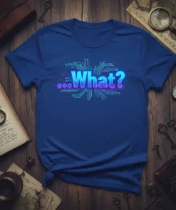Blue t-shirt with the text "...What?" in glowing blue and purple digital font, surrounded by circuit board lines